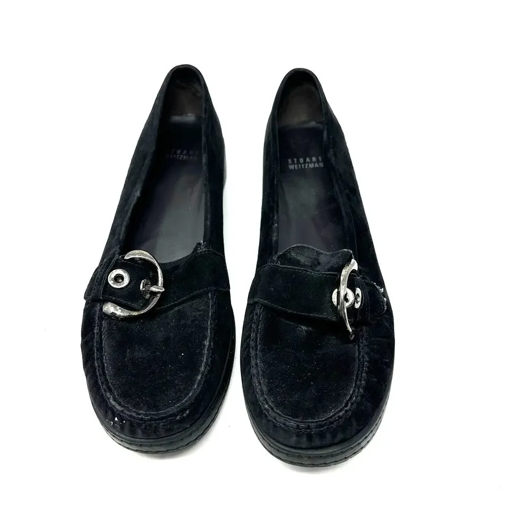 Stuart Weitzman Size 10 Flats Black Suede Loafers Stitched Buckle Slip On Casual